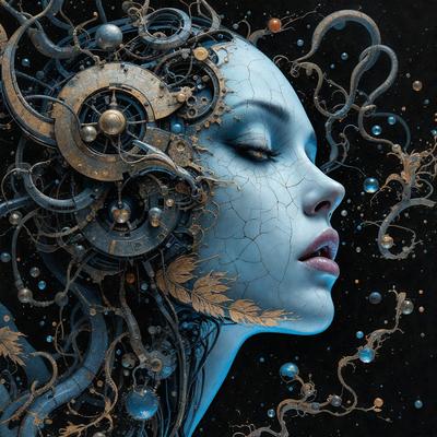 The primary subject of the image is a woman with a blue face, wearing a headpiece that features a clock and a spider web. The setting is a dark, surreal environment, with the woman surrounded by a swirling mass of blue and gold colors. The visual style is a combination of digital art and illustration, creating a striking and unique image. The overall atmosphere is mysterious and intriguing, with the woman's blue face and the clock and spider web headpiece adding to the surreal and